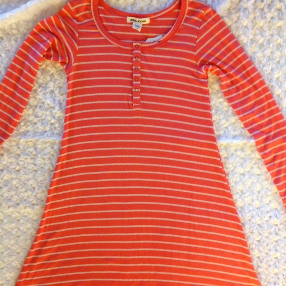 Billabong Juniors Coral with Cream Stripes Long Sleeve Mini Dress - L - Picture 2 of 9